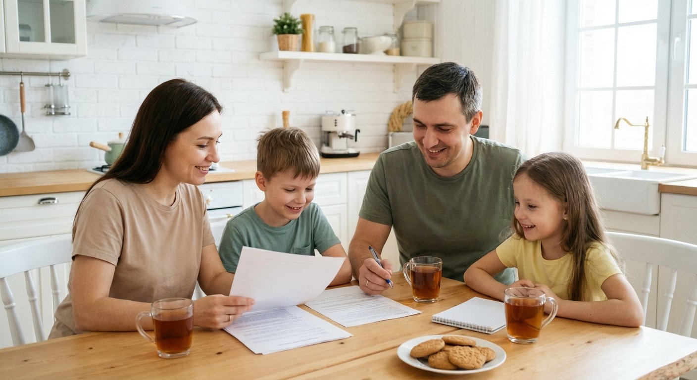 Семья с детьми изучает документы о налоговых вычетах