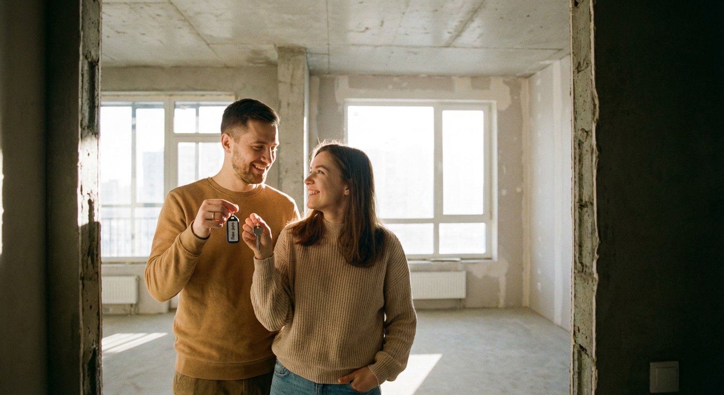 Молодая семья с ключами от новой квартиры